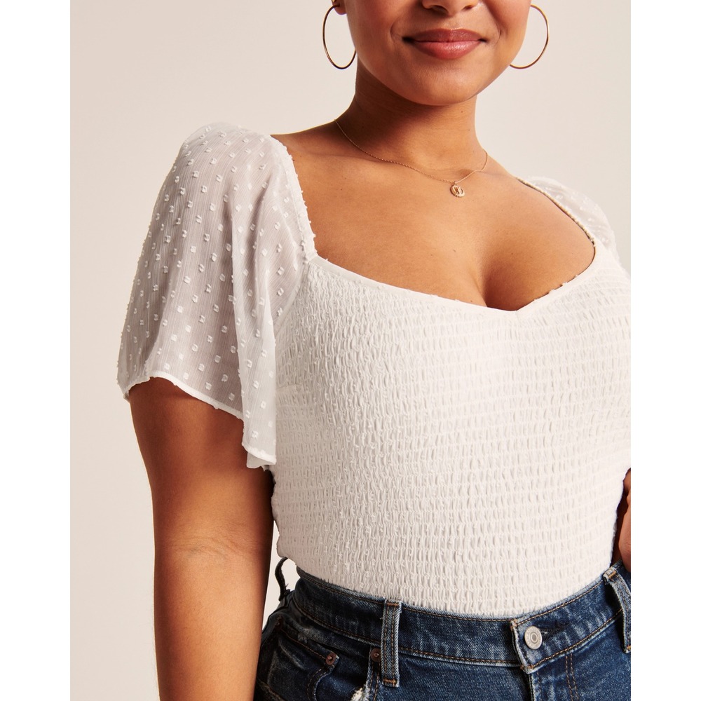 Abercrombie Fitch White Smocked Square Neck Puff Sleeve Mesh‎ Top Size S - Picture 4 of 6